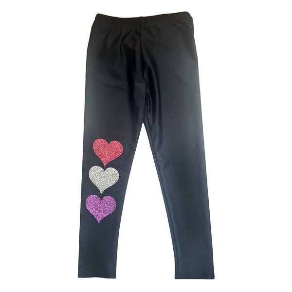 Three Glitter Hearts on Black Legging