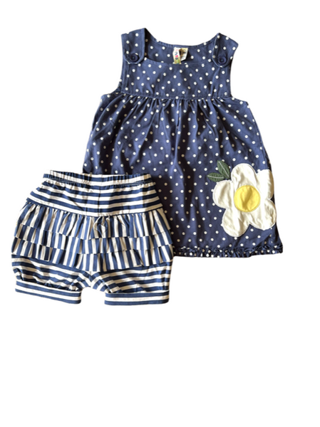 Baby Girl Indigo Flower Applique Tunic with Stripe Bloomers