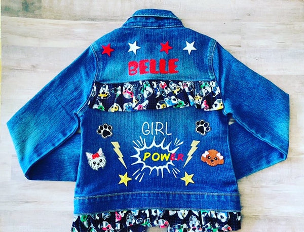 Personalized Toddler Jean Jacket with Buffalo White and Pink Plaid Frill,  Size 4T