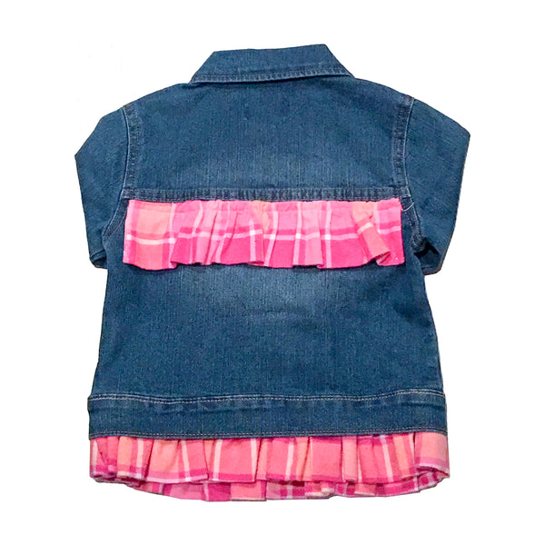 Personalized Toddler Jean Jacket with Buffalo White and Pink Plaid Frill,  Size 4T