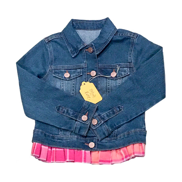 Personalized Toddler Jean Jacket with Buffalo White and Pink Plaid Frill,  Size 4T