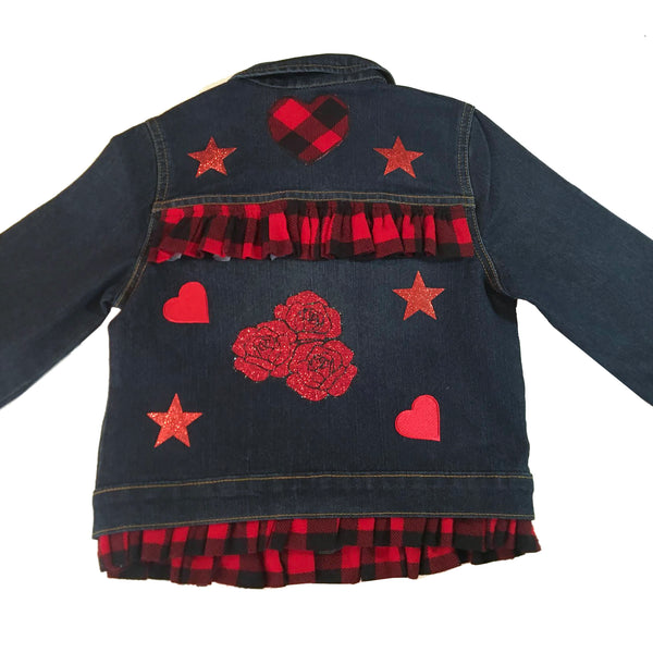 Girls Custom and Personalized with Name Jean Jacket Decorated with Hearts and Roses, Size 7/8