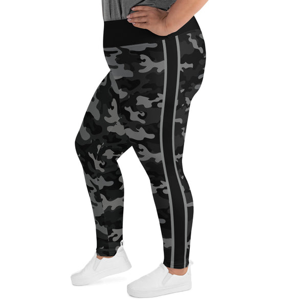 Black Camo and Stripe All-Over Print Plus Size Leggings