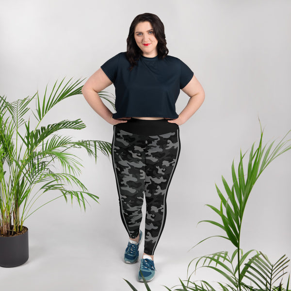 Black Camo and Stripe All-Over Print Plus Size Leggings