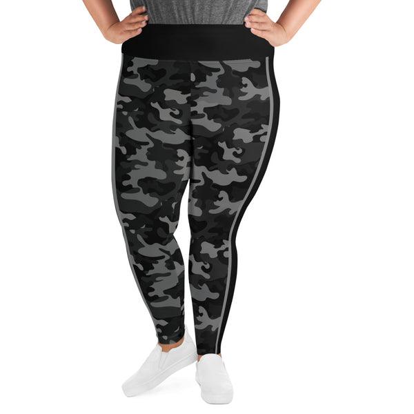 Black Camo and Stripe All-Over Print Plus Size Leggings
