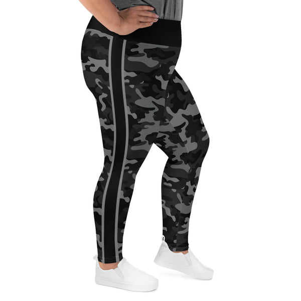 Black Camo and Stripe All-Over Print Plus Size Leggings