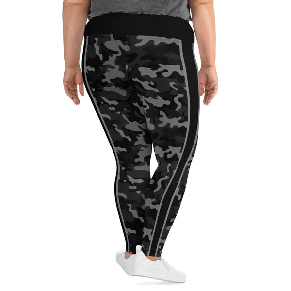 Black Camo and Stripe All-Over Print Plus Size Leggings