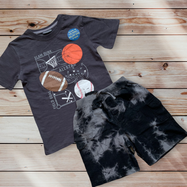 Boys Sport Charcoal T and Tie Dye Shorts  Sizes 4-7