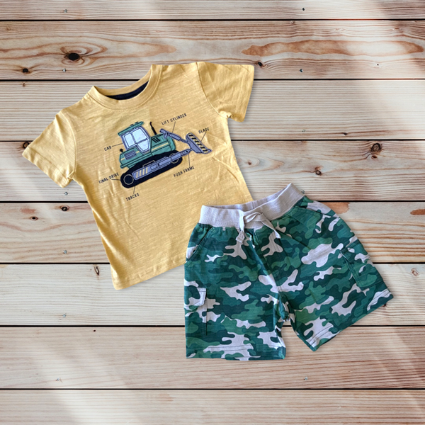 Boys Short Sleeve Bulldozer T shirt and Camo Shorts Sizes 12m-24m