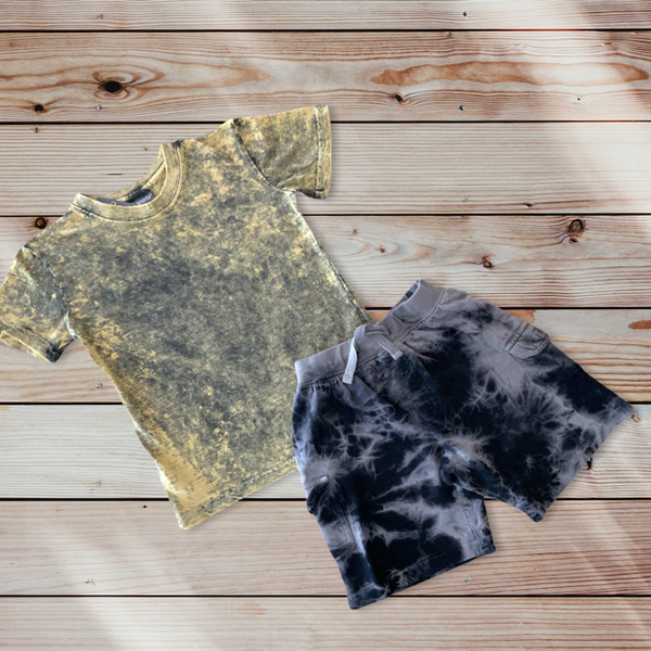 Boys Short Sleeve Yellow Grey Garment Wash Tee with Shorts, Sizes 2T-7