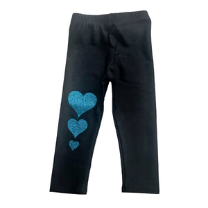 Turquoise Glitter Hearts Black Legging