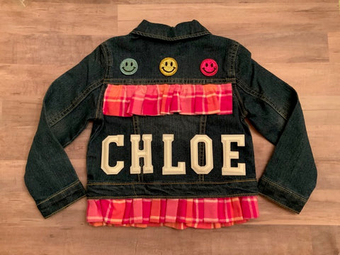 Personalized Toddler Jean Jacket with Buffalo White and Pink Plaid Frill,  Size 4T