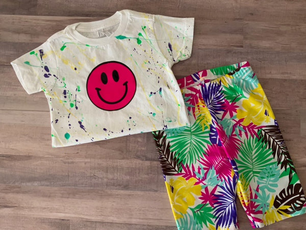 Girls Tropical Print Bike Shorts and Smiley Emoji Splatter T shirt Set  Size 12m-10y