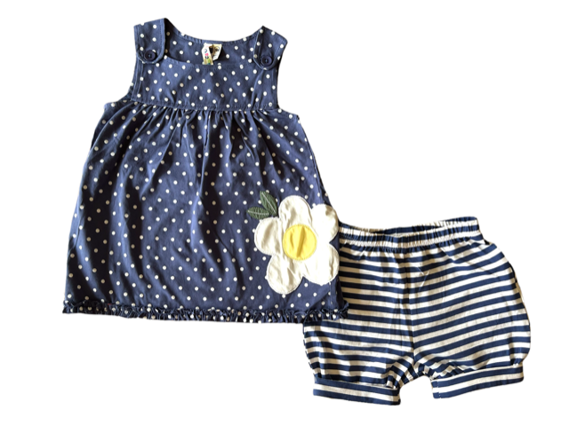 Baby Girl Indigo Flower Applique Tunic with Stripe Bloomers