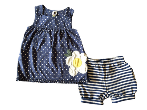 Baby Girl Indigo Flower Applique Tunic with Stripe Bloomers