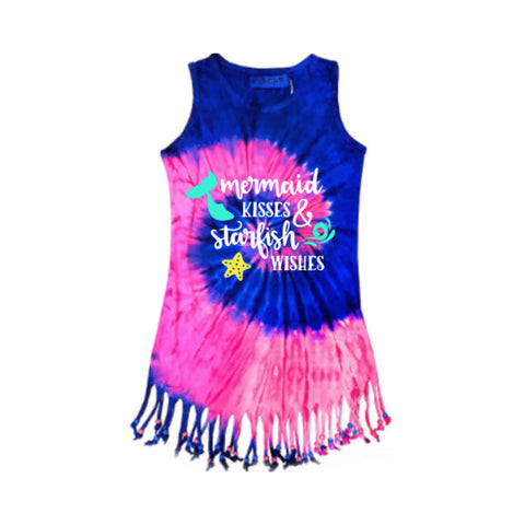 Girls Blue and Pink Tie Dye Mermaid Dress, Fringed Dress, Sizes 4-8y