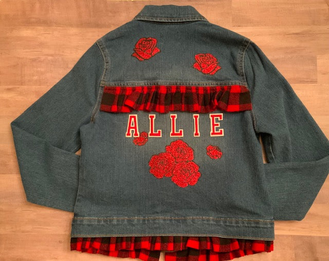 Girls Personalized and Customized Youth Large Denim Jean Jacket with Rose Design Size 10/12