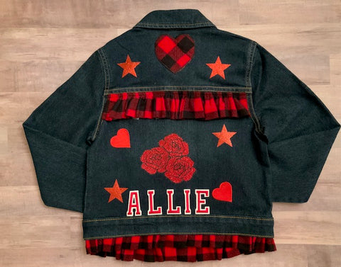 Girls Custom and Personalized with Name Jean Jacket Decorated with Hearts and Roses, Size 7/8
