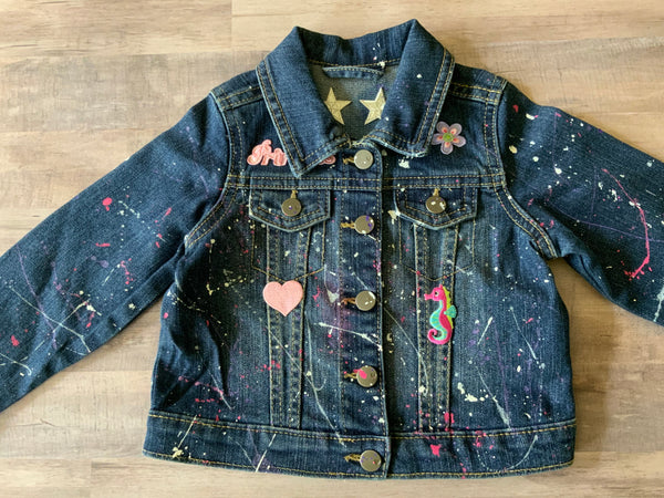 Personalized Toddler Patched and Splatter Painted Jean Jacket, Size 2T