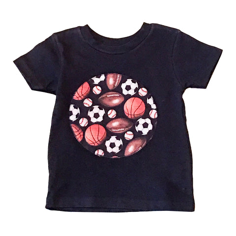 Black All Sports: T-shirt with basketballs soccer balls