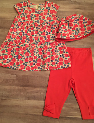 Baby Strawberry Print Dress, Red Capri, Matching Hat,  Size 12m