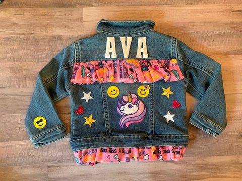 Girl's Toddler Unicorn Personalized and Patched Jean Jacket, Size 18-24m