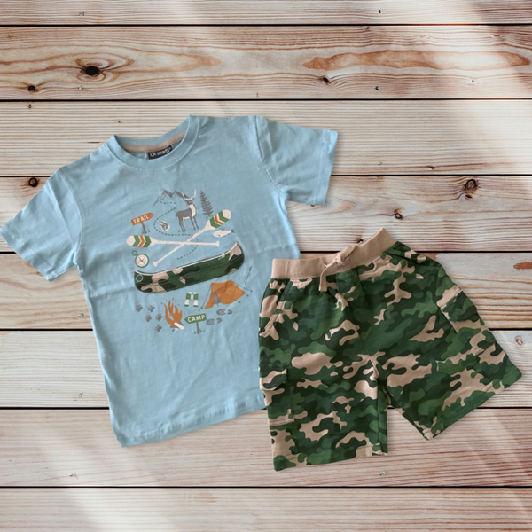 Ready for Camping Boys Tee Shirt with Camo or Heather Charcoal Shorts   Size 4-7